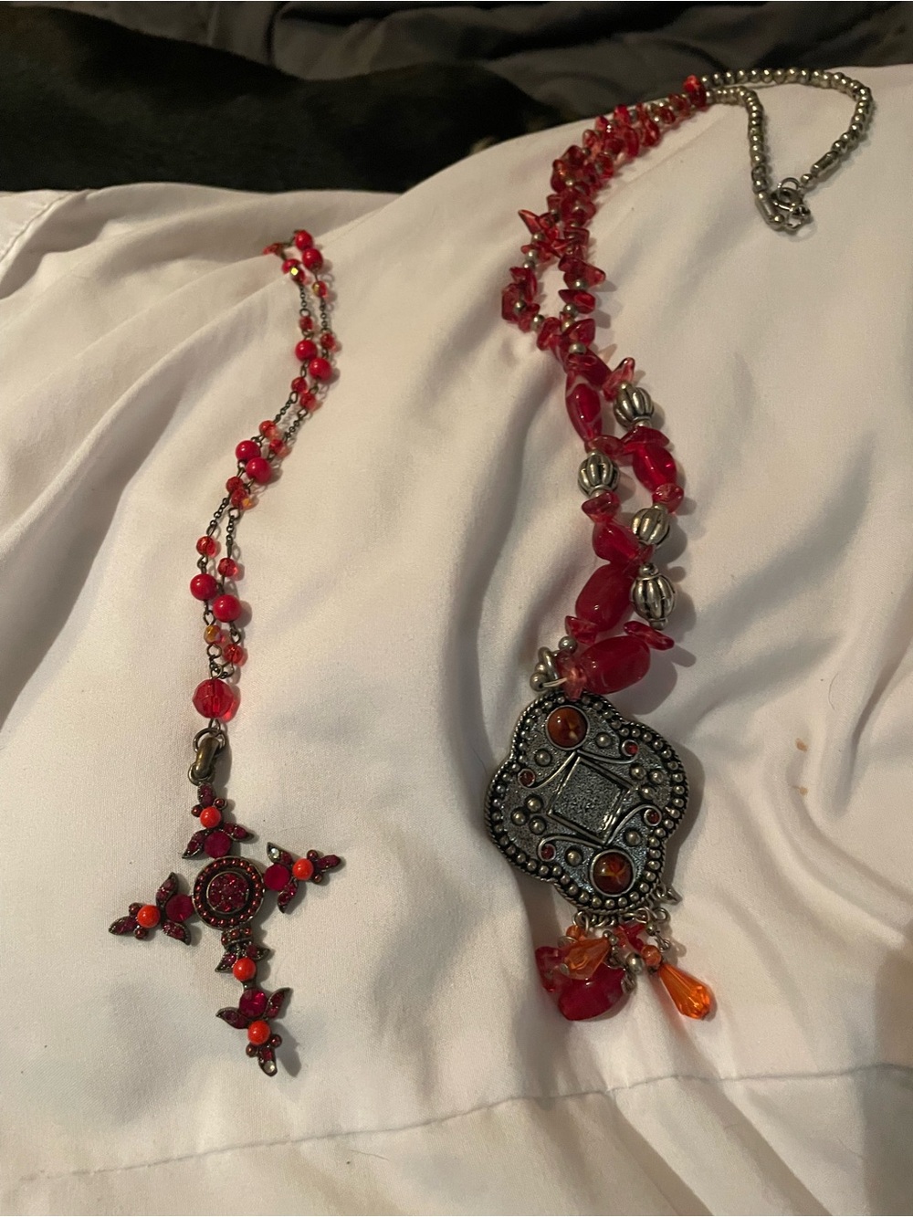 Red Beaded Cross Pendant Necklace - Women's Fashion Jewelry